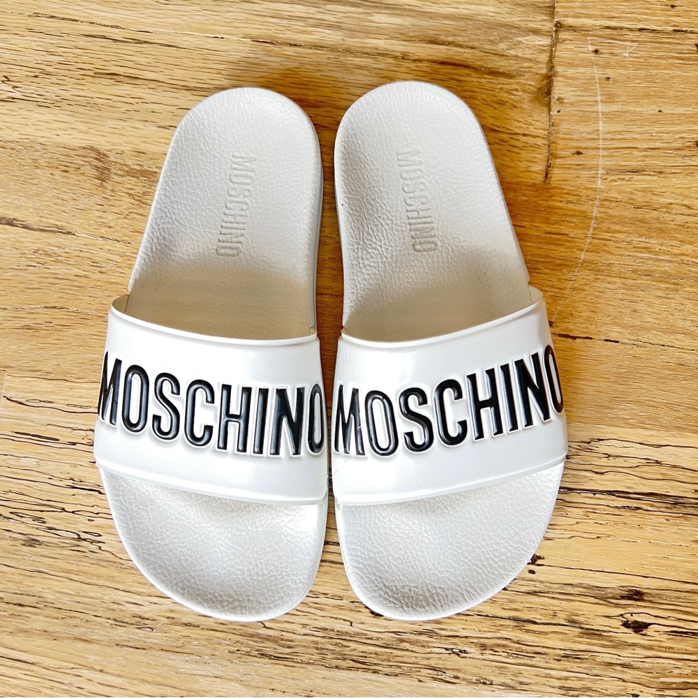 Moschino Logo Pool Slides/Sandals Size 6
